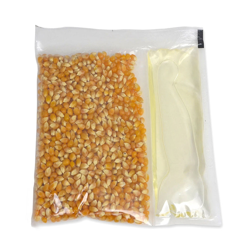 clear pouch of corn kernels and white coconut oil