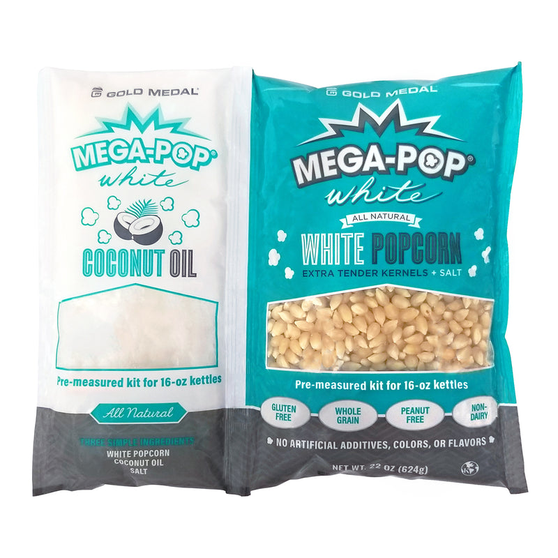 turquoise pouch containing white popcorn kernels, coconut oil, and salt for 16-ounce kettles