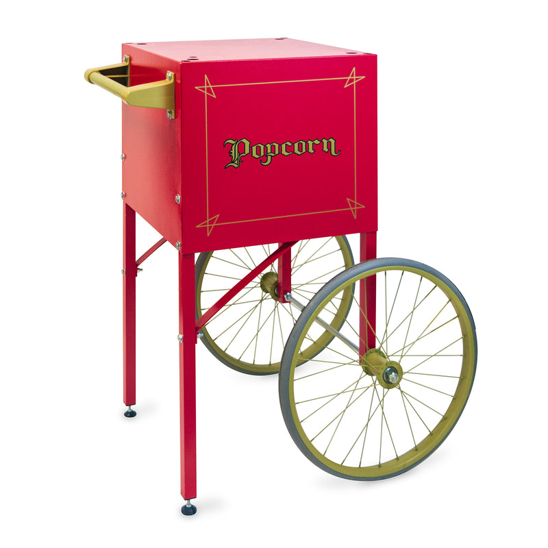 old-fashioned red and gold two-wheeled popcorn cart for 4-ounce popper