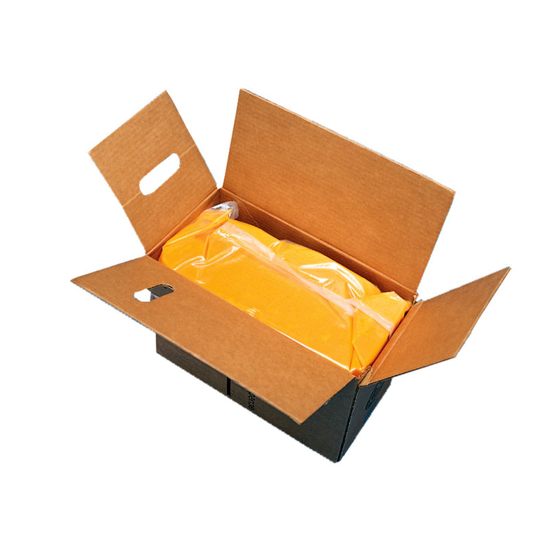 clear plastic bag of canola oil inside cardboard box