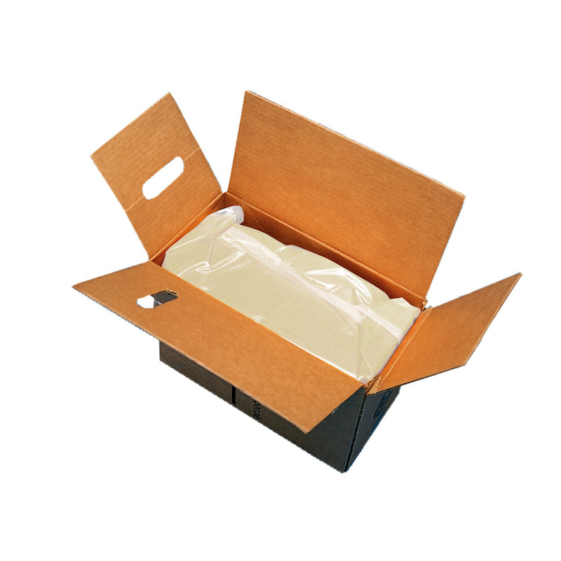 clear plastic bag of white coconut oil inside cardboard box