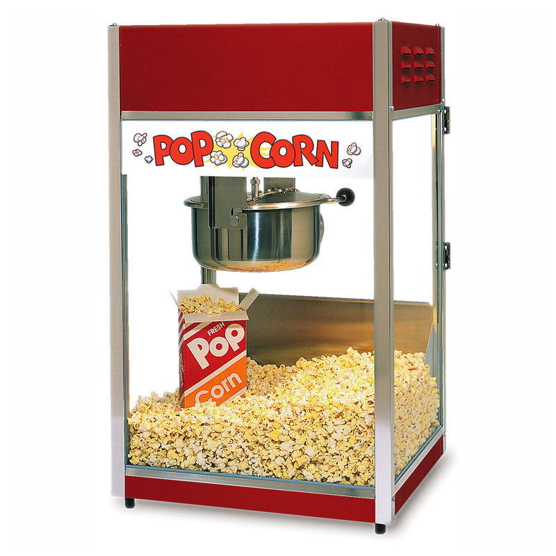 6-ounce popper with tempered glass, red dome, and white popcorn sign