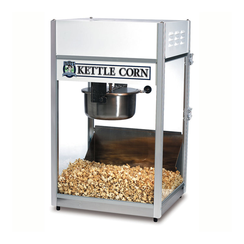 6-ounce kettle corn popper with tempered glass and white Pappy's Kettle Corn sign