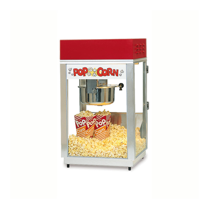 6-ounce popper with welded frame and tempered glass with red dome and white popcorn sign