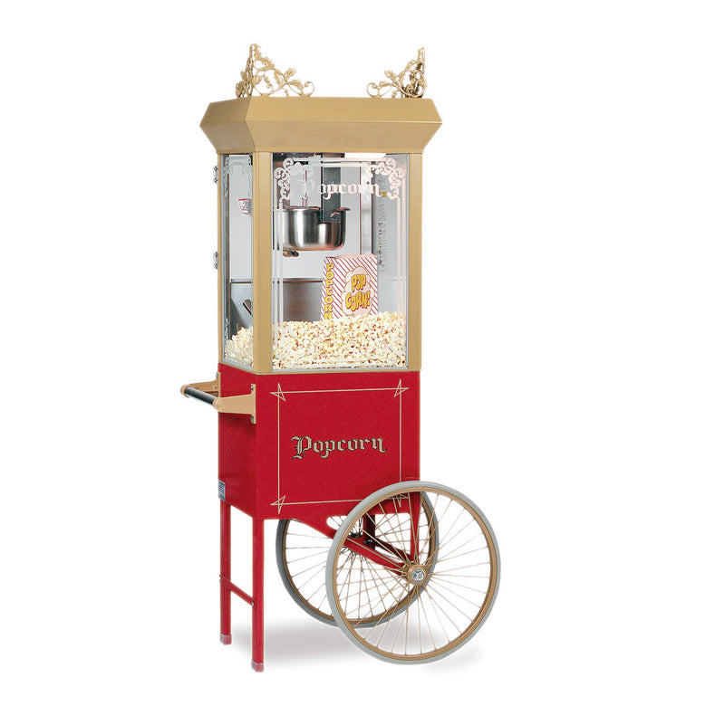 6-ounce old-fashioned red and gold popper with cast iron filigree ornaments, gold powder-coated finish, shown on cart