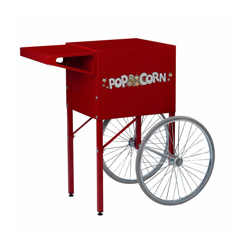 red two-wheeled popcorn cart with white popcorn graphics, holds 6 or 8-ounce poppers