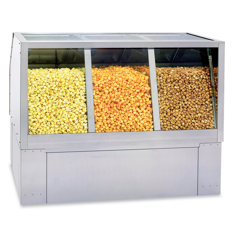 three varieties of popcorn displayed in 48-inch popcorn staging cabinet with three compartments
