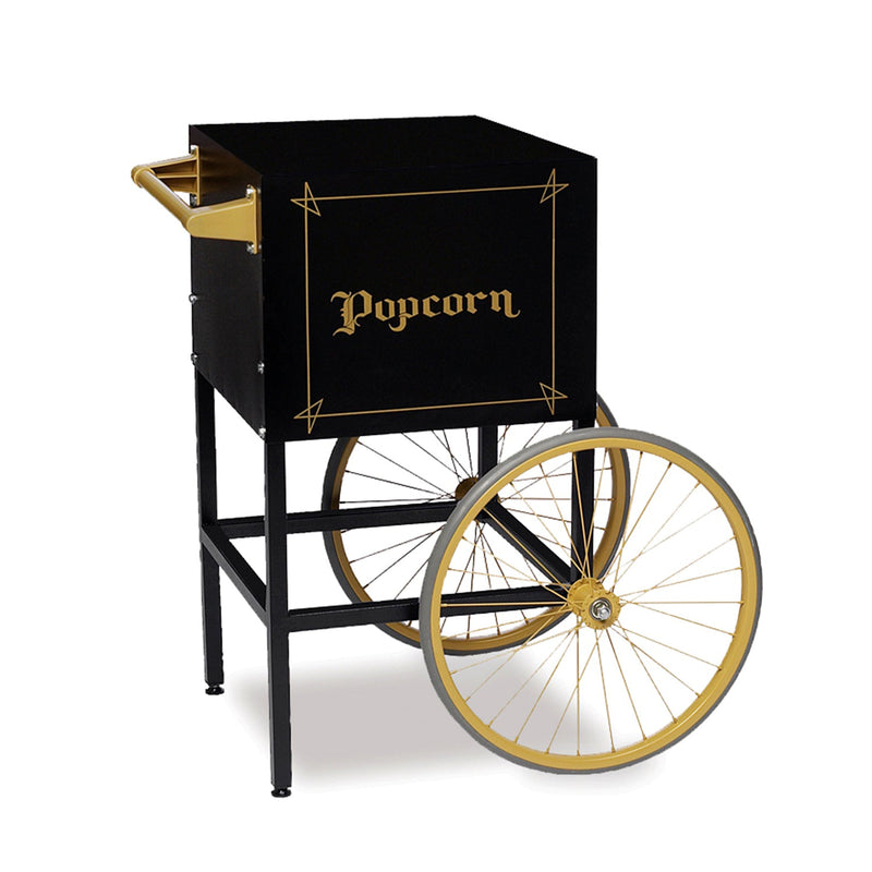 old-fashioned black and gold two-wheeled popcorn cart for holding 8-ounce popper