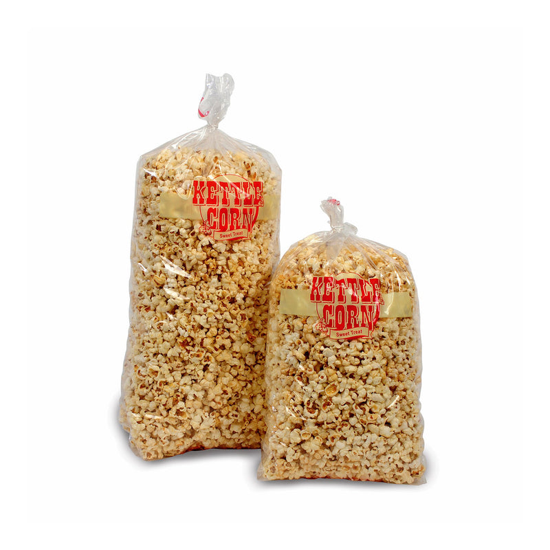two clear plastic bags with Kettle Corn imprinted in red filled with kettle corn