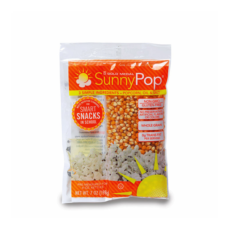 bright orange package of popcorn kernels, sunflower oil, and salt, labeled SunnyPop