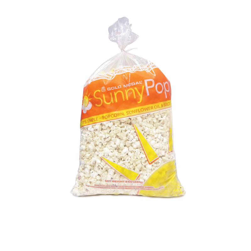 clear 20-inch popcorn bags with SunnyPop orange and yellow graphics