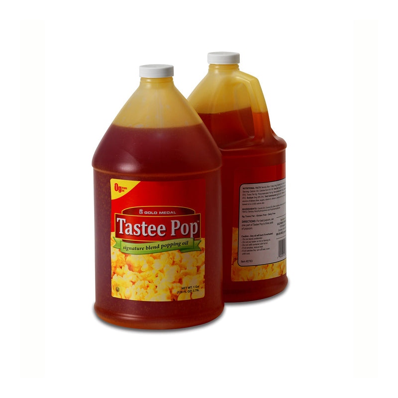 two one-gallon jugs of Tastee Pop oil
