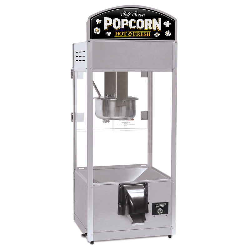 8-ounce popper with self-serve popcorn dispensing button and chute for back counter set ups.