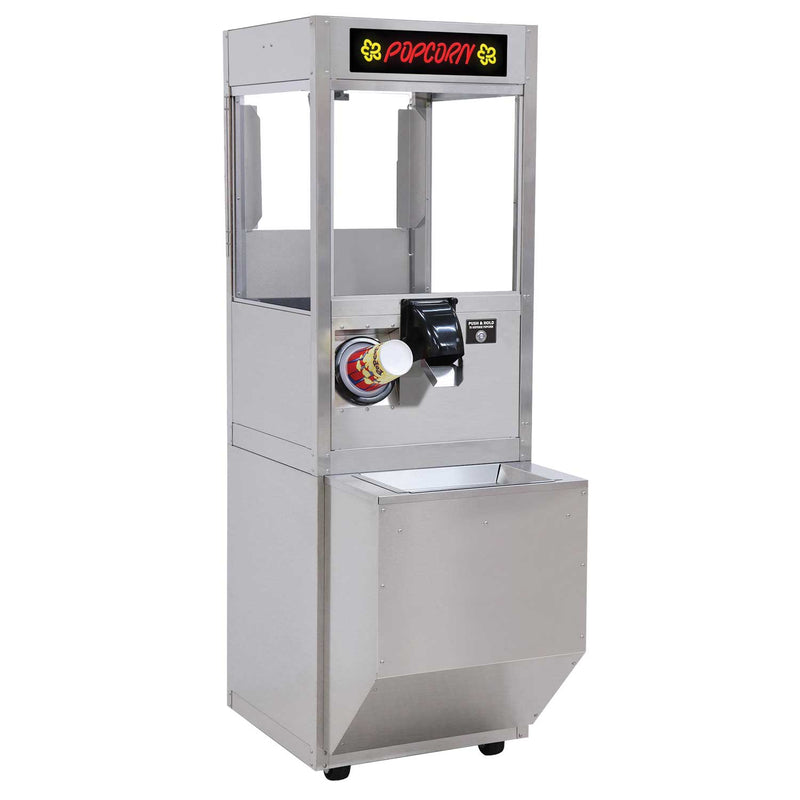 40 gallon warming cabinet with self-serve popcorn dispensing button and chute and cup dispenser.