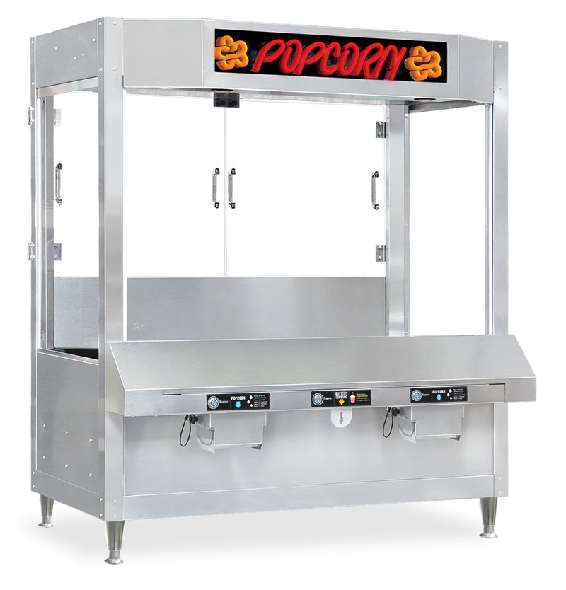 48-inch popcorn warmer/display cabinet with two self-serve dispensing buttons and chutes 