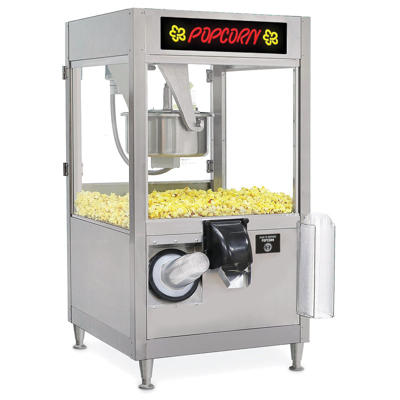 16-ounce popper with self-serve popcorn dispensing button and chute
