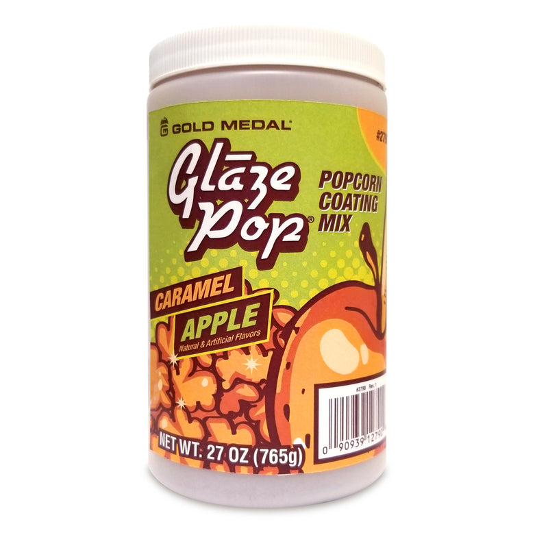 27-ounce jar of caramel apple Glaze Pop with caramel corn graphics on a green background