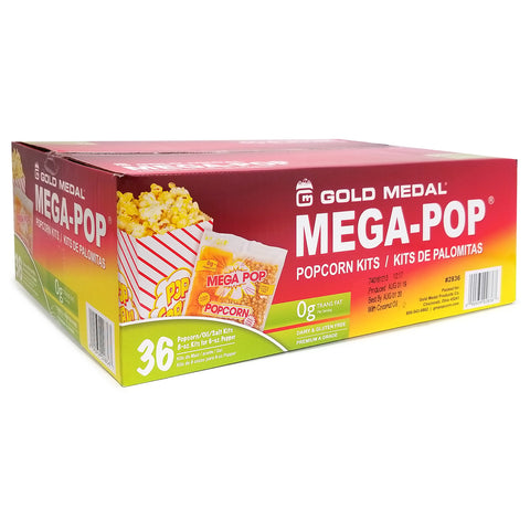 red and yellow cardboard box with Mega Pop in text and graphics of popcorn and popcorn corn/oil/salt kit