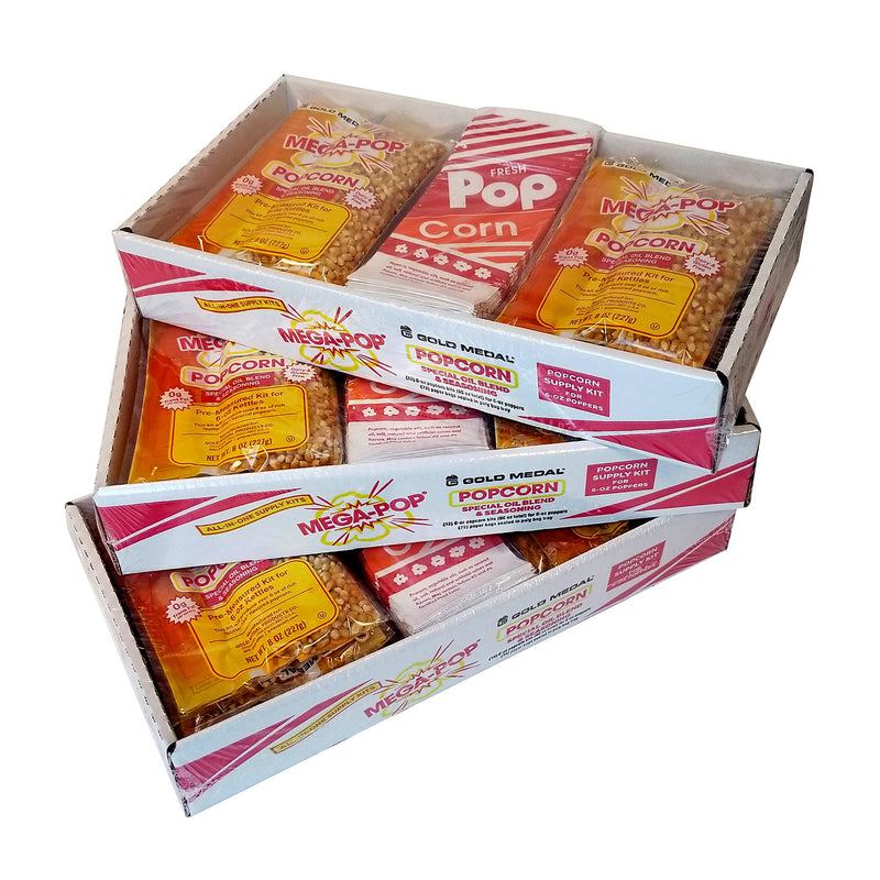three packages stacked containing 6-oz popcorn kits and red and orange striped popcorn bags