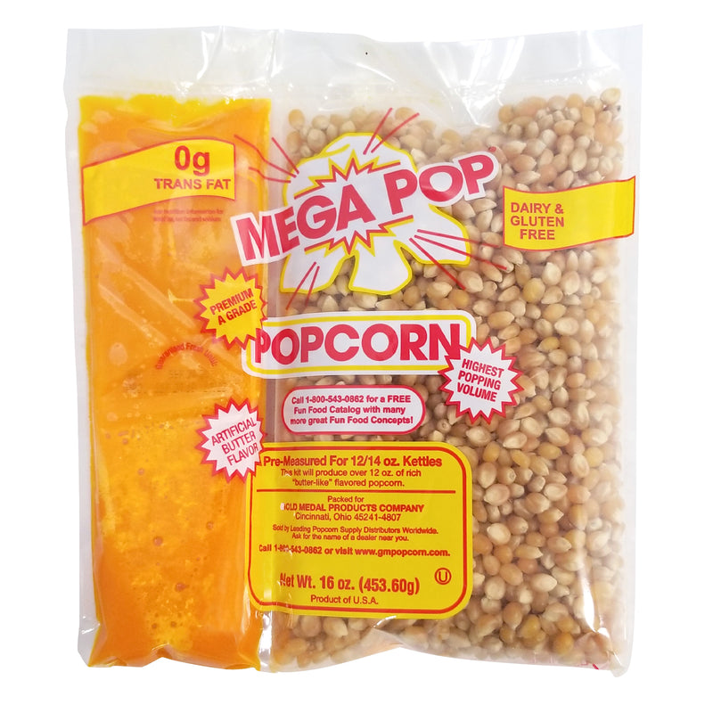 front view of clear pouch of corn/oil/salt kit for 12/14-ounce popper