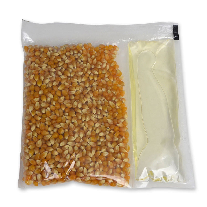 clear plastic pouch with popcorn kernels and white coconut oil