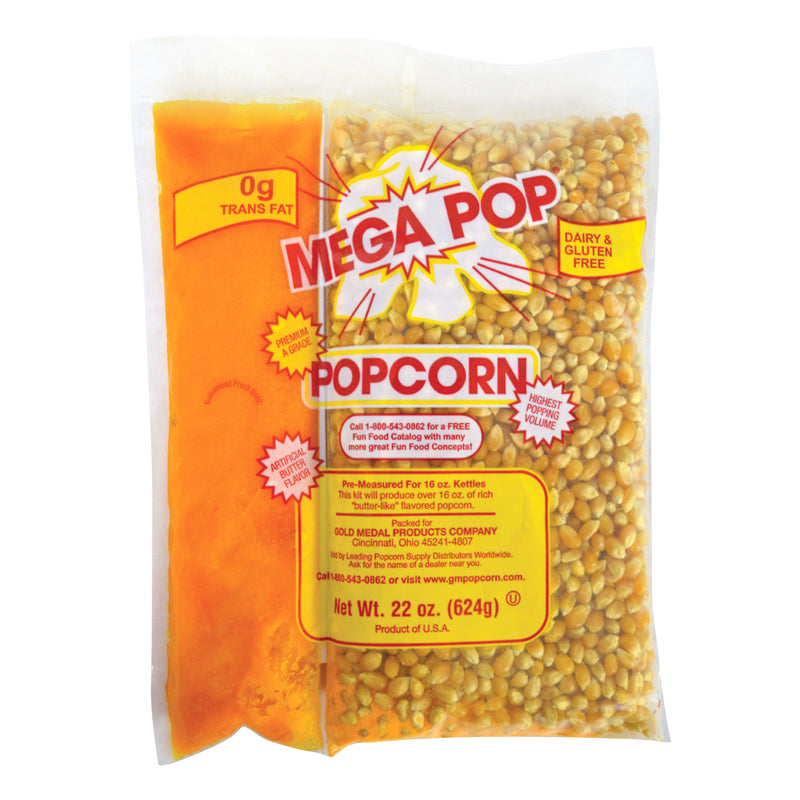 front view of clear pouch of corn/oil/salt kit for 16-ounce popper