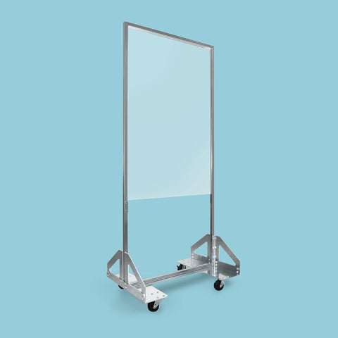 32-inch wide by 76-inch tall clear polycarbonate panel on 4-wheeled aluminum base shown on blue background