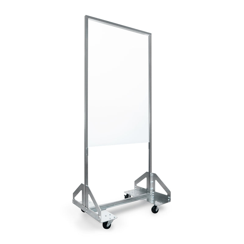 32-inch wide by 76-inch tall clear polycarbonate panel on 4-wheeled aluminum base