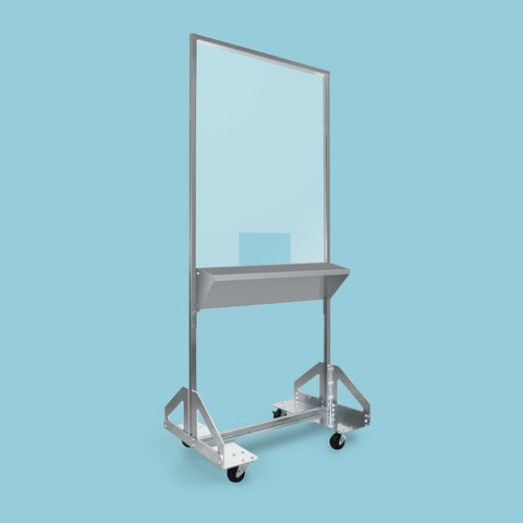 32-inch wide by 76-inch tall clear polycarbonate panel on 4-wheeled aluminum base with shelf on blue background