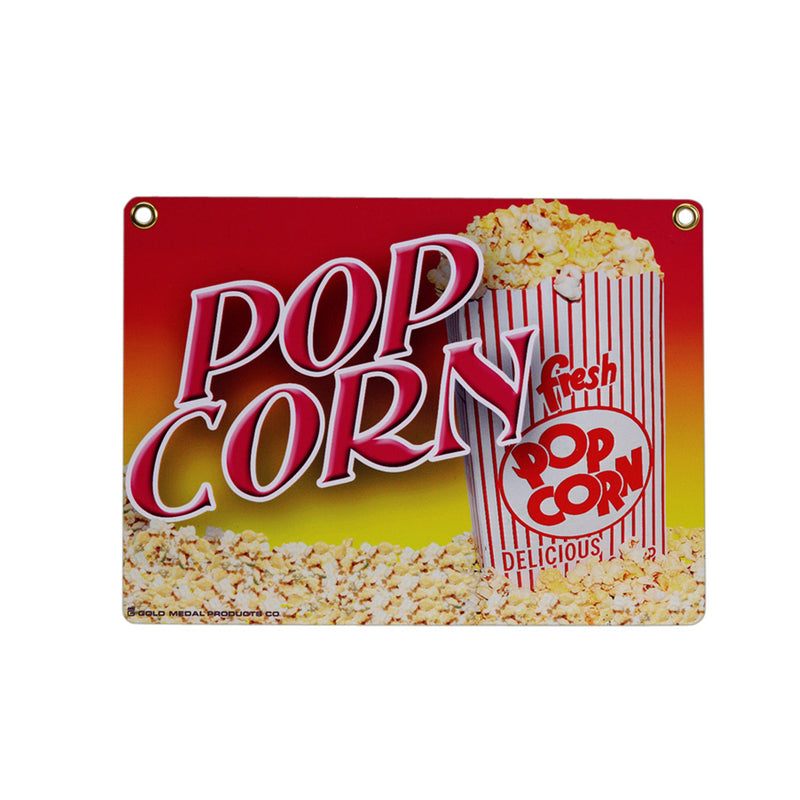 heavy-duty sign with image of popcorn in red and white striped box