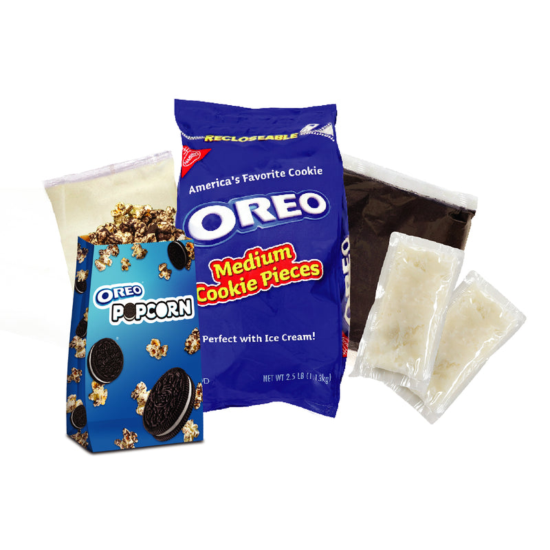 blue bag of Oreo Cookie pieces, clear bag of white crème, clear bag of Oreo base cake, two pouches of white coconut oil, and blue Oreo Popcorn bags