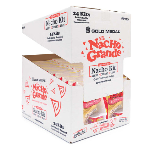 A white box with the El nacho grande logo on all sides lifting up to show 24 single self serving nacho kits inside of it on a white background.