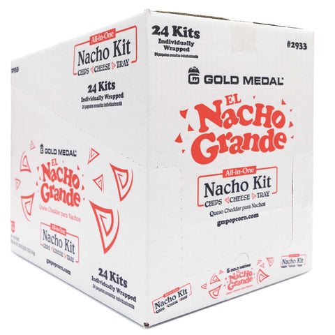 A white box with the el nacho grande logo in orange on the all sides. The box states there are 24 kits individually wrapped with the words Nacho Kit front and center.