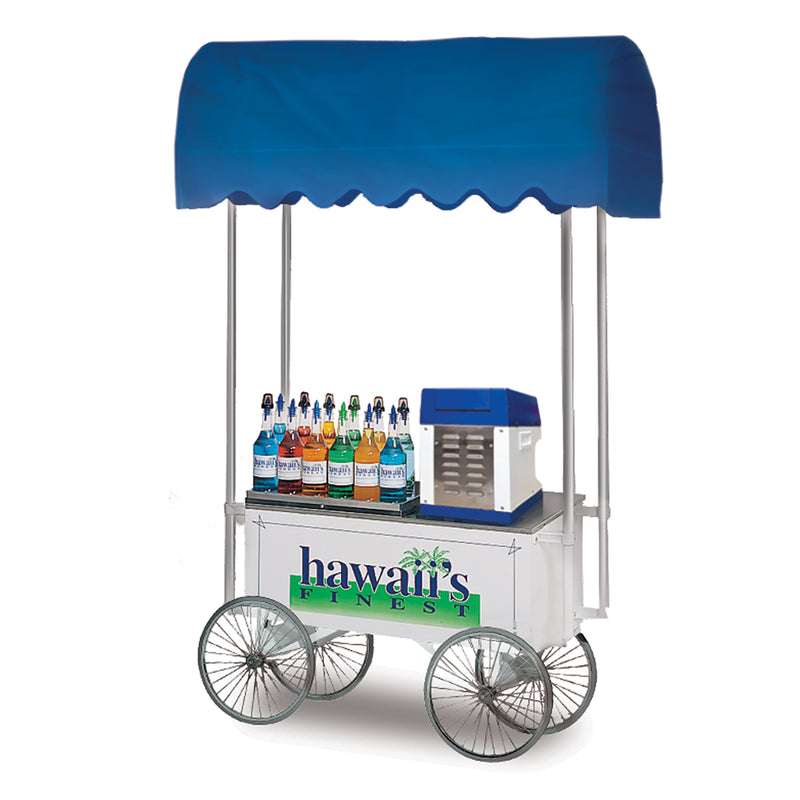 white four-wheeled wagon/cart with Hawaii's Finest logo and blue awning