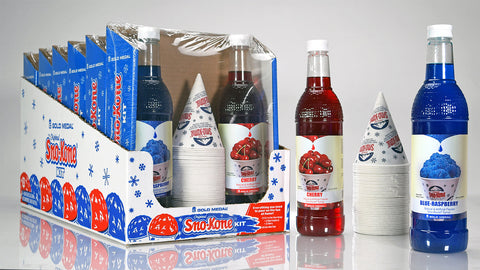 case of red and blue colored cardboard packages with cherry Sno-Kone syrup, blue raspberry Sno-Kone syrup, and Sno-Kone cups