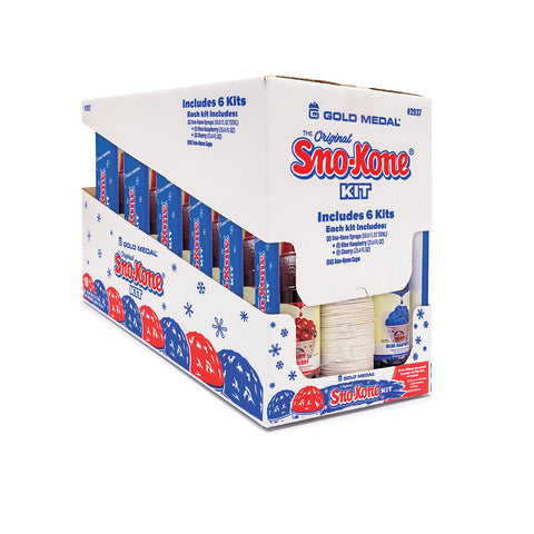 case of red and blue Sno-Kone kits