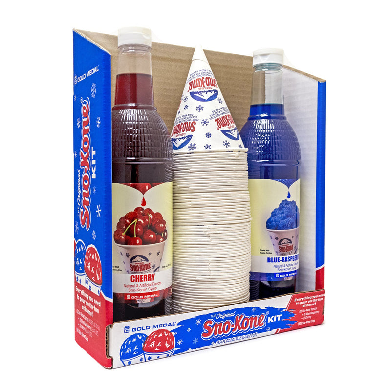red and blue colored cardboard package holding cherry Sno-Kone syrup, blue raspberry Sno-Kone syrup, and Sno-Kone cups