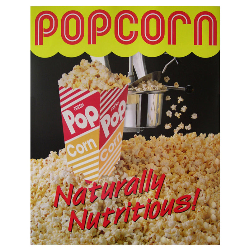 Poster of popcorn popping with red and yellow box of popcorn, text says Naturally Nutritious!