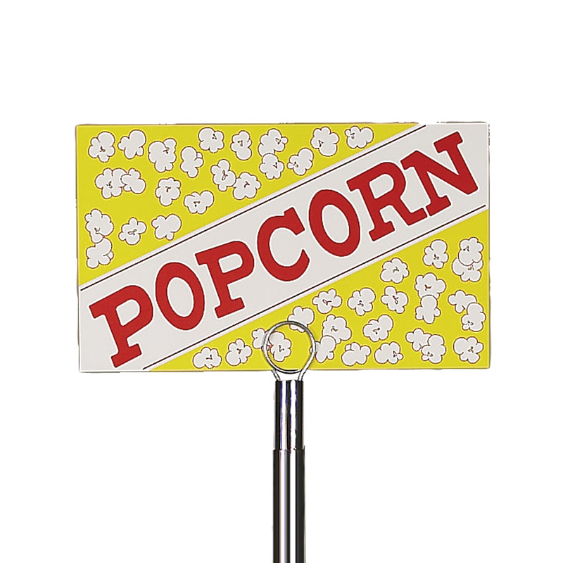 Yellow sign with popcorn graphics that reads Popcorn in red text