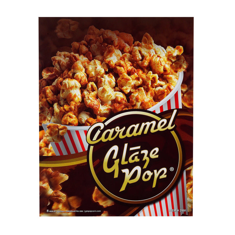 Poster of caramel corn in red and white bucket with gold text that reads Caramel Glaze Pop