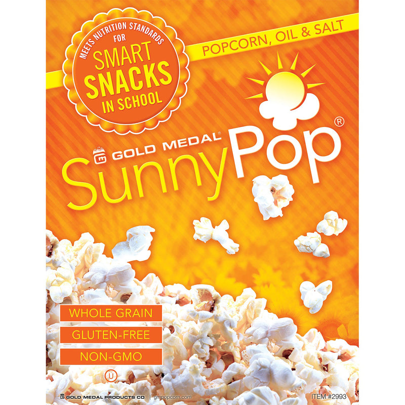 Poster of popped popcorn on bright orange background with SunnyPop logo