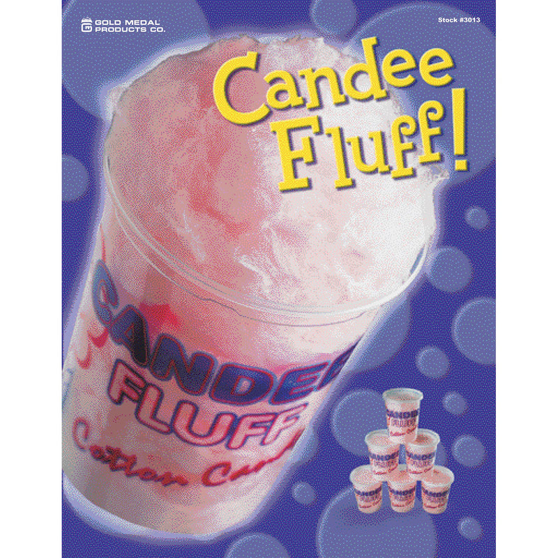 poster with pink cotton candy in plastic Candee Fluff container