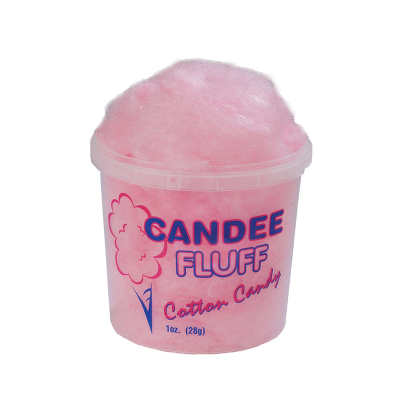 clear plastic Candee Fluff container filled with pink cotton candy