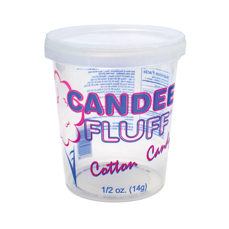 empty clear plastic Candee Fluff container with lid