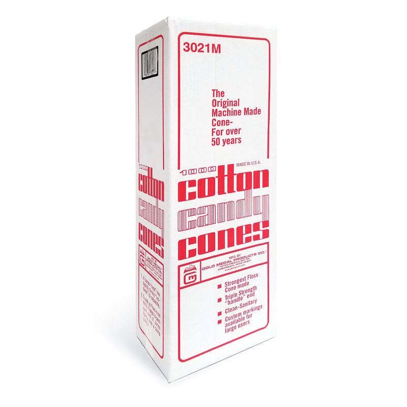 tall white cardboard box with red text reading Cotton Candy Cones