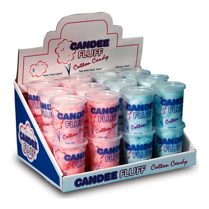 pink, blue, and white cardboard cotton candy merchandiser holding plastic containers filled with pink and blue cotton candy