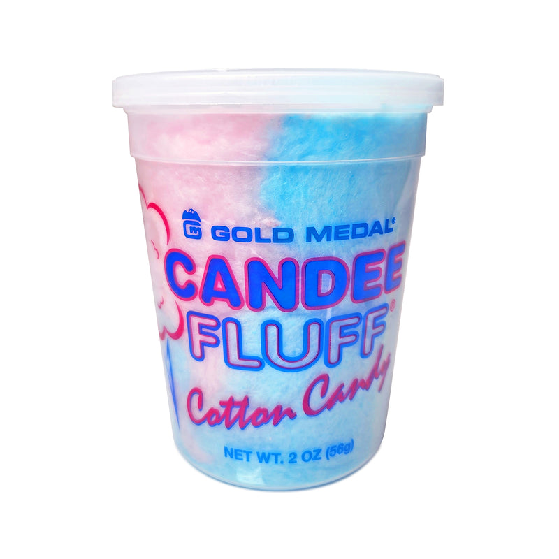 front view of plastic container of cotton candy with Candee Fluff logo