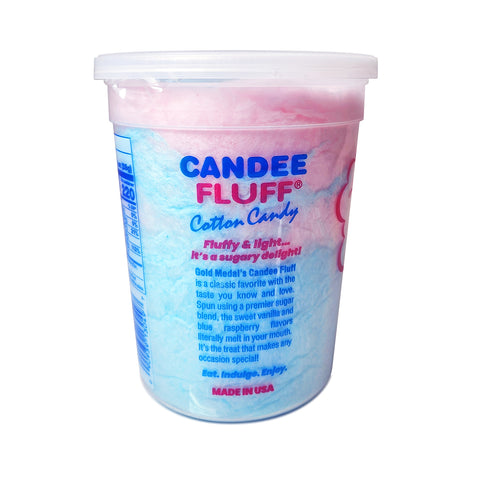 side view of plastic container of cotton candy with Candee Fluff logo