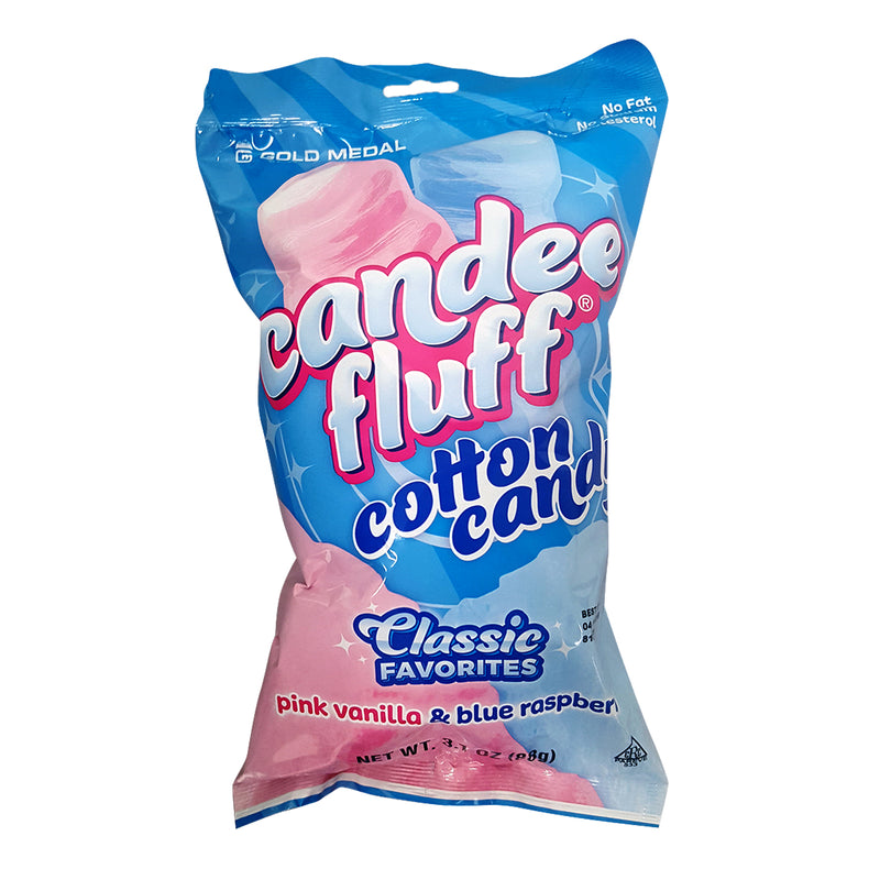 front view of pre-bagged Candee Fluff cotton candy with pink and blue cotton candy graphics