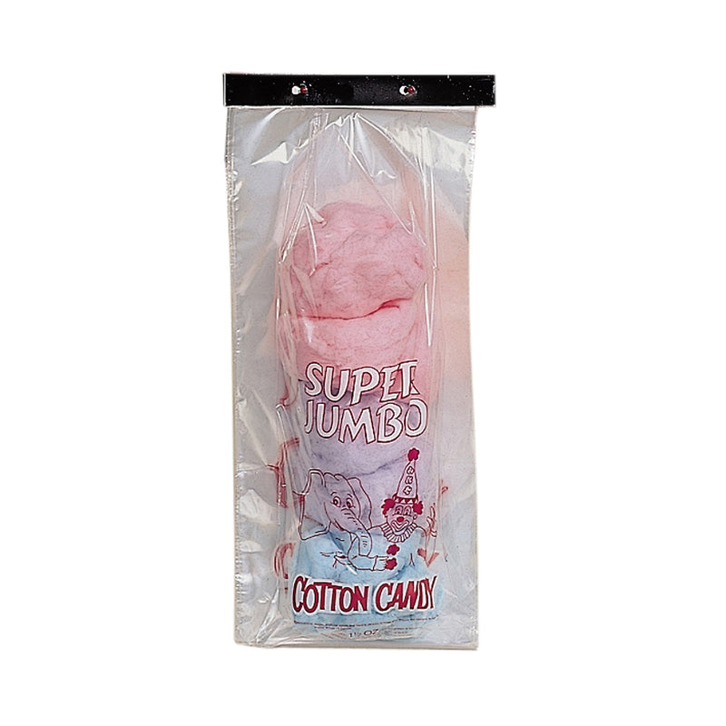 clear bag with red elephant and clown graphics and the words Super Jumbo, holding pink, purple, and blue cotton candy